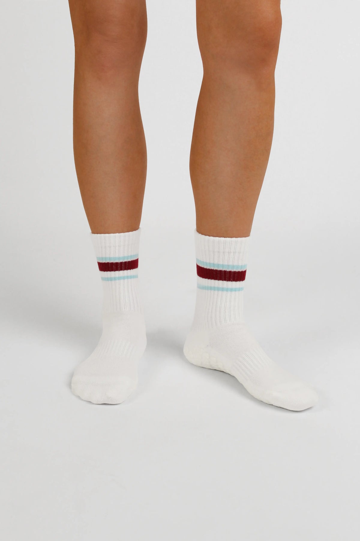 Blue and red striped barre grip socks