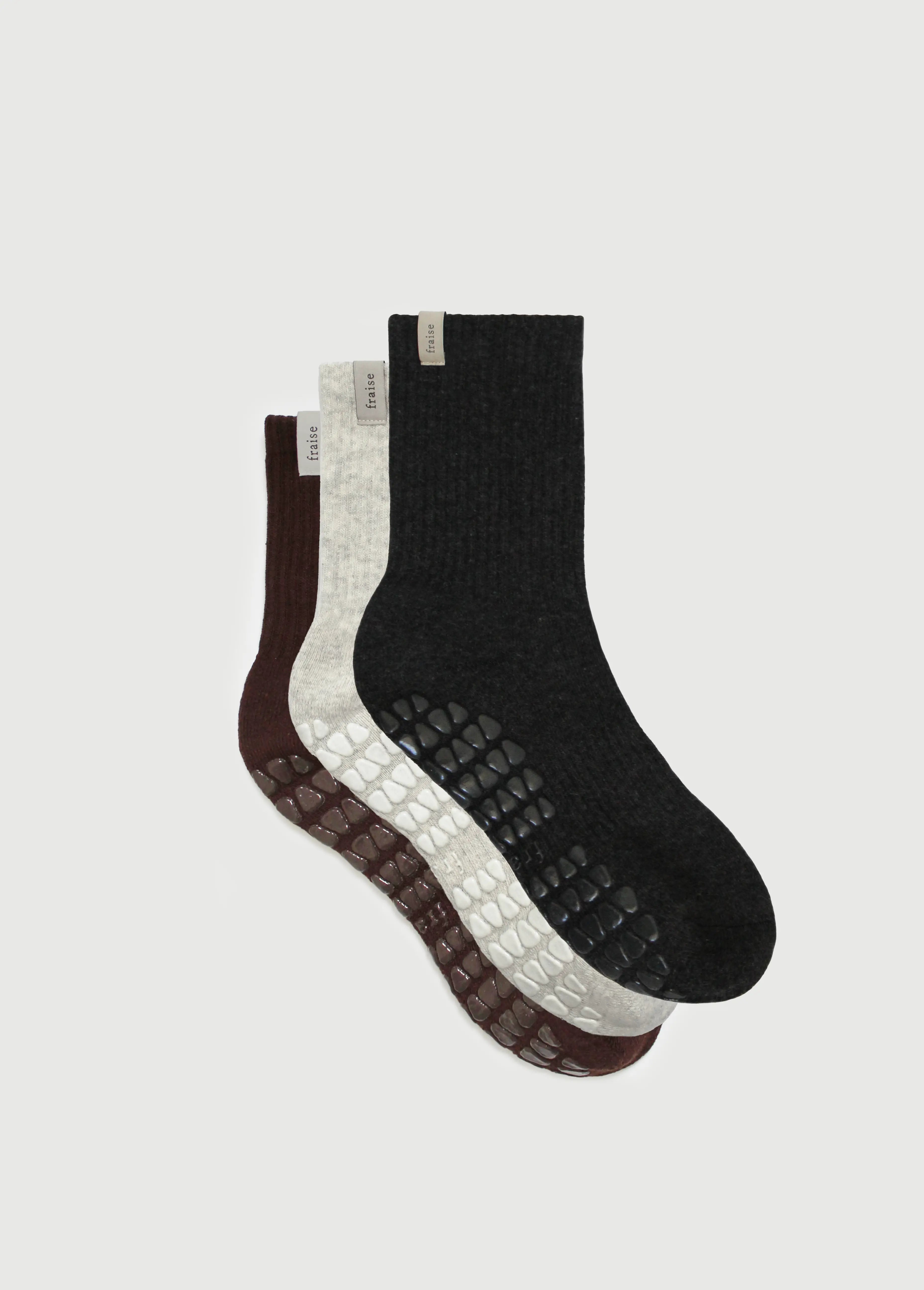 Set of three pairs of crew length pilates grip socks in espresso brown, heather grey, and charcoal grey