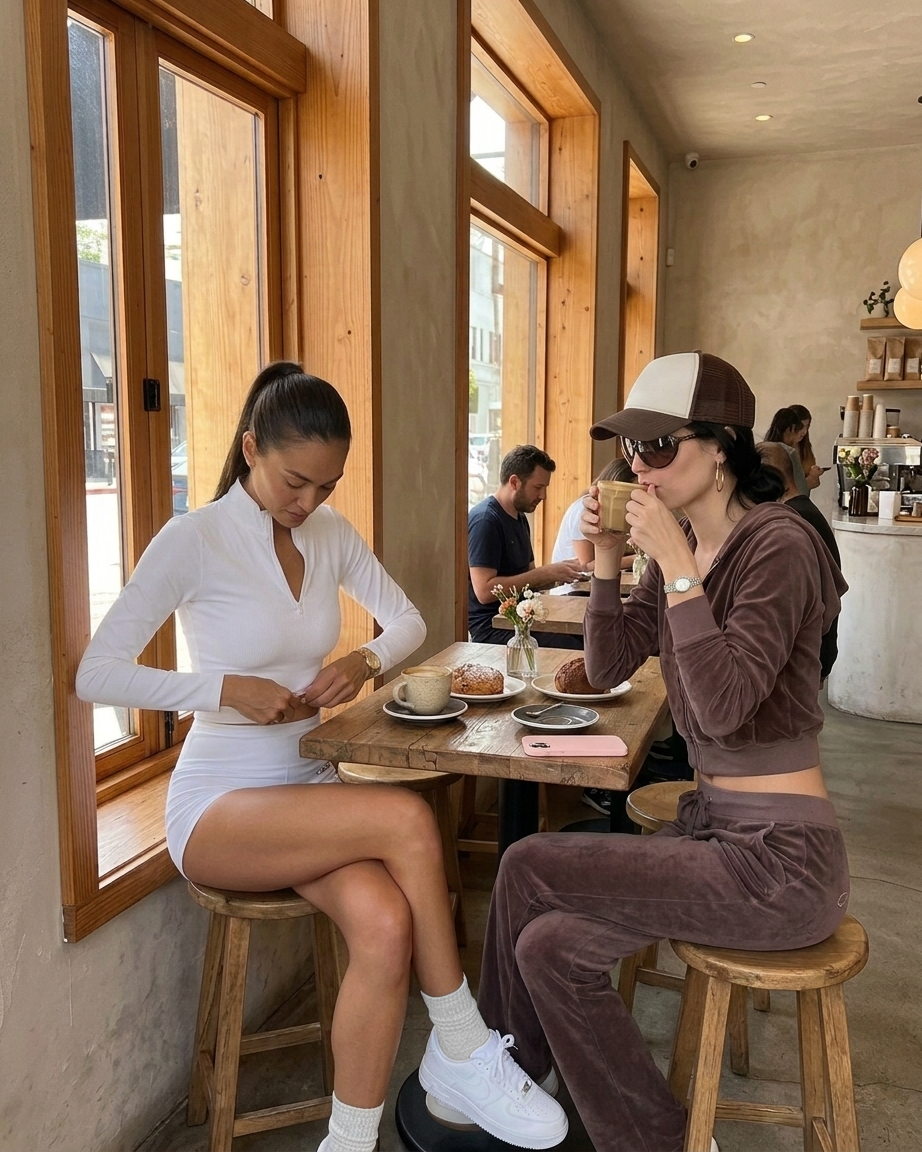 Two women sitting at a wooden table in a cafe, wearing matching coordinated outfits. One woman wears a white long-sleeve V-neck top and white shorts with fraise grey pilates grip socks, while the other wears a brown long-sleeve crop top and matching brown pants with a baseball cap.